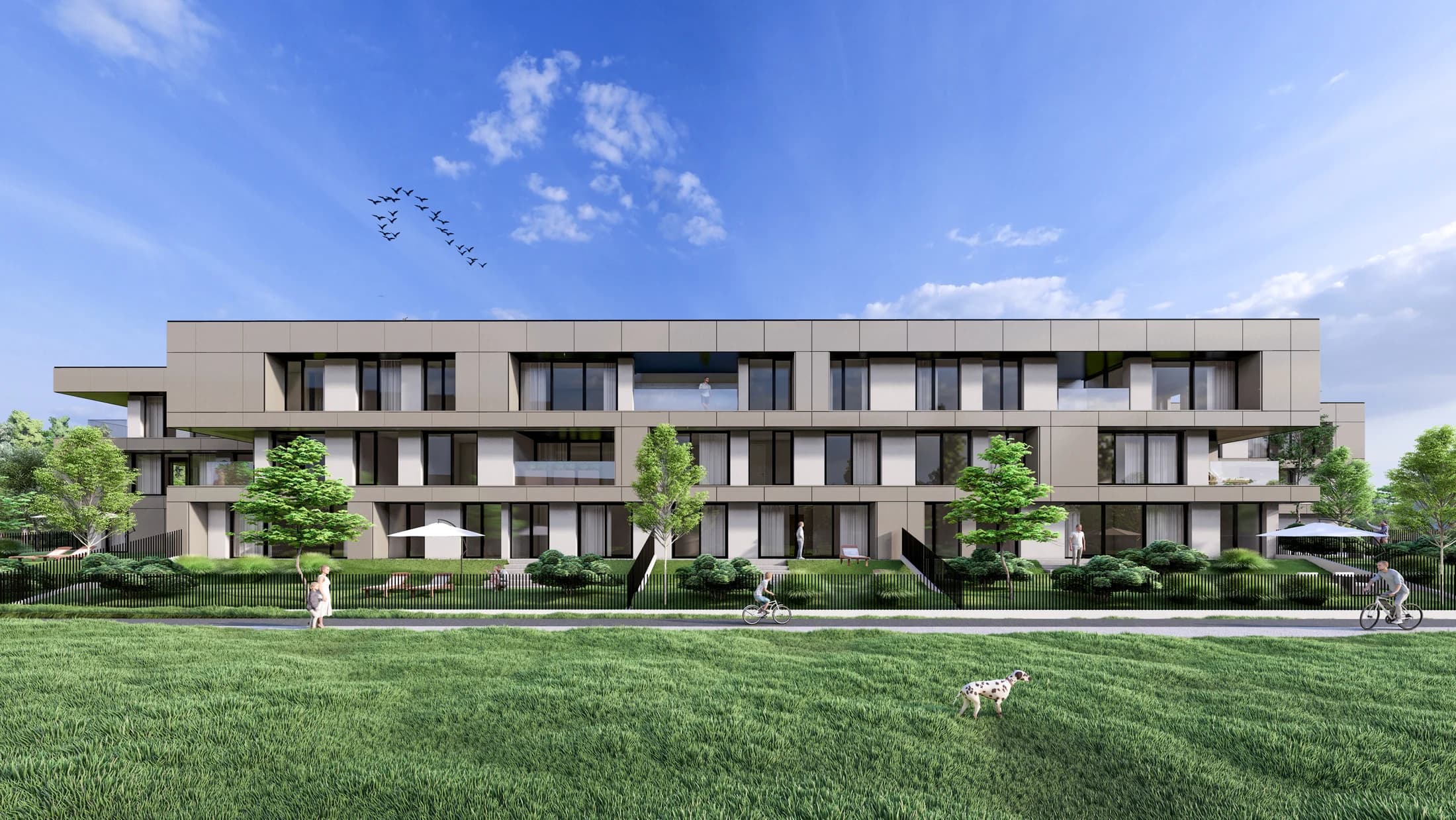 Visualisation of the facade with loggias and gardens beside the lawn