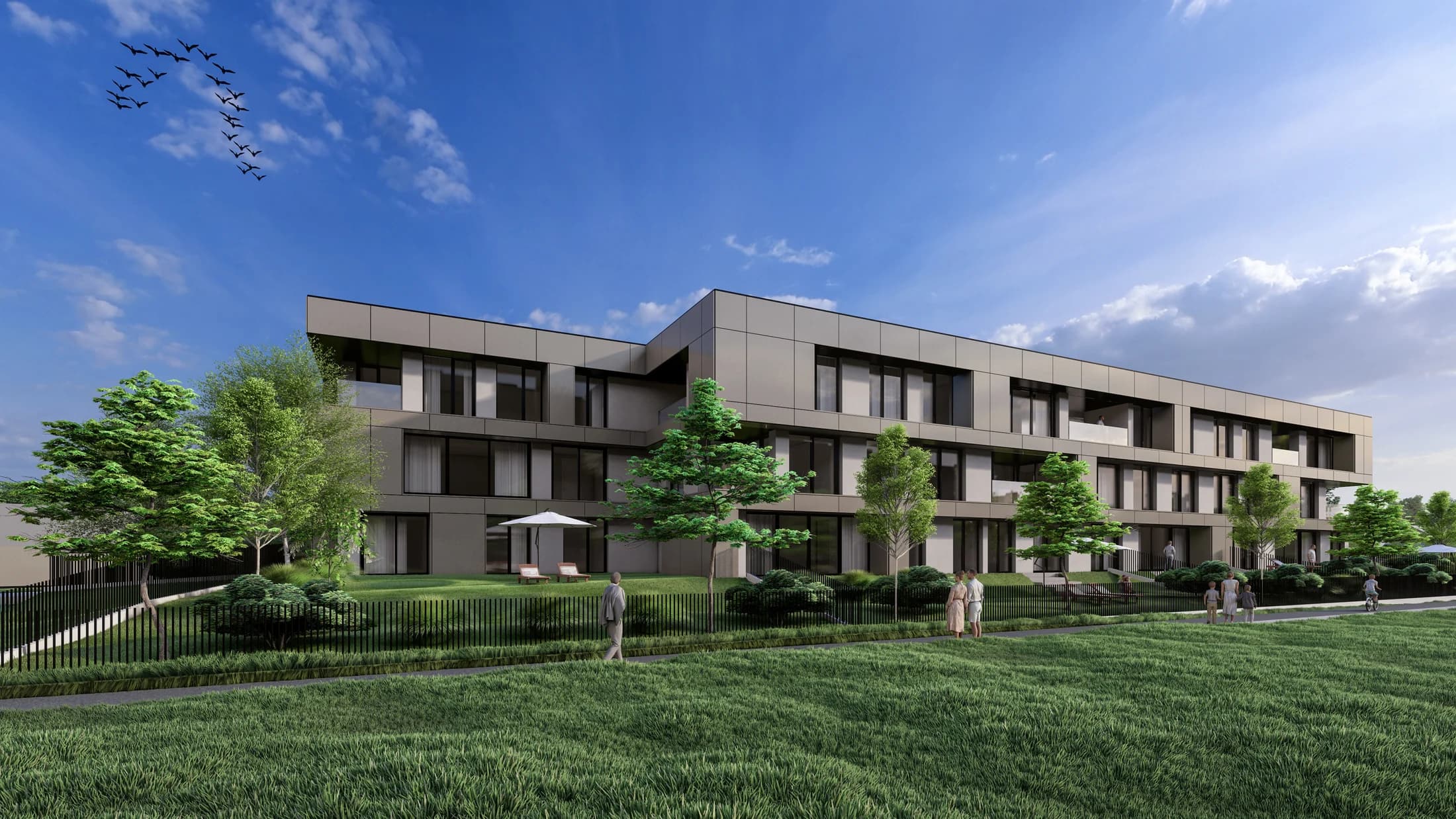 Visualisation of the building corner with loggias and landscaped surroundings